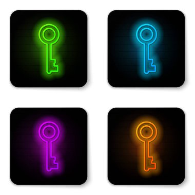 Glowing neon line Old key icon isolated on white background. Black square button. Vector