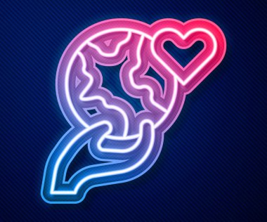 Parlayan neon hattı. Mavi arka planda Dünya 'nın simgesini tutan insan eli. Dünya kavramını sakla. Vektör