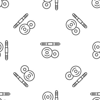 Grey line Barbell icon isolated seamless pattern on white background. Muscle lifting icon, fitness barbell, gym, sports equipment, exercise bumbbell. Vector