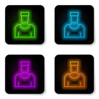 Glowing neon line Sailor captain icon isolated on white background. Black square button. Vector