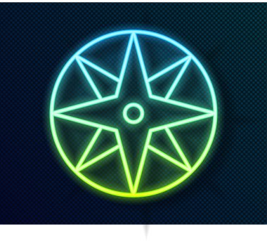 Parlayan neon çizgisi. Rüzgar simgesi siyah arkaplanda izole edilmiş. Seyahat için pusula simgesi. Navigasyon tasarımı. Vektör