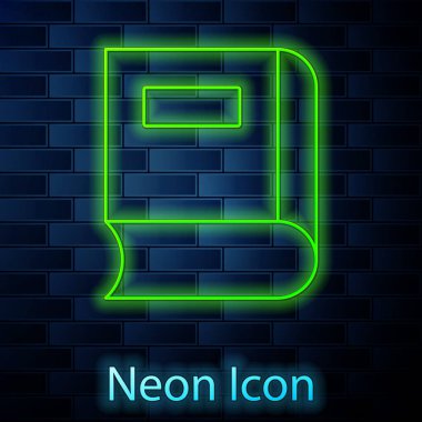 Parlayan neon çizgi Kitap simgesi tuğla duvar arka planında izole edildi. Vektör