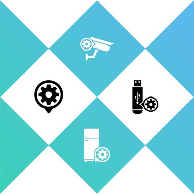 Set Setting, Refrigerator setting, Security camera and USB flash drive icon. Vector