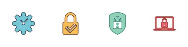 Set Time Management, Lock and check mark, Shield security with lock and Laptop icon. Vector