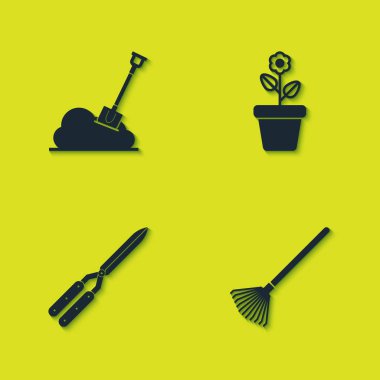Set Shovel in the ground, Garden rake for leaves, Gardening handmade scissor and Flower pot icon. Vector