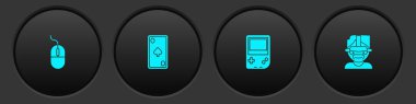 Set Computer mouse, Playing card with diamonds, Portable video game console and Virtual reality glasses icon. Vector