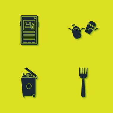 Set Stop plastic pollution, Disposable fork, Trash can and Problem of the ocean icon. Vector