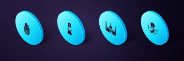 Set Isometric Jesus Christ, Muslim Mosque, Priest and Jainism or Jain Dharma icon. Vector