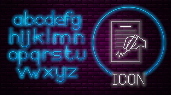 Glowing neon line Petition icon isolated on brick wall background. Neon light alphabet. Vector — стоковый вектор