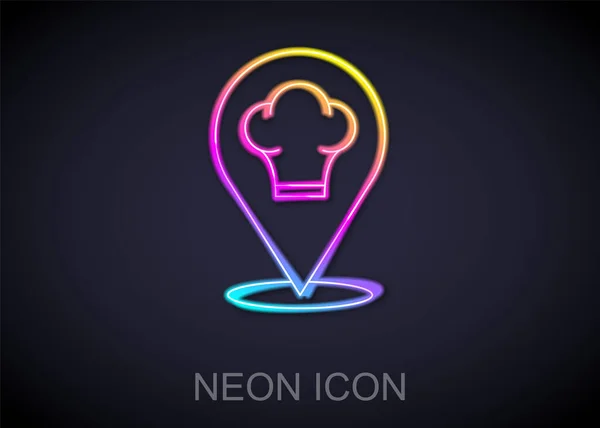 Gloeiende neon lijn Chef hoed met locatie pictogram geïsoleerd op zwarte achtergrond. Koken symbool. Kookt hoed. Vector — Stockvector