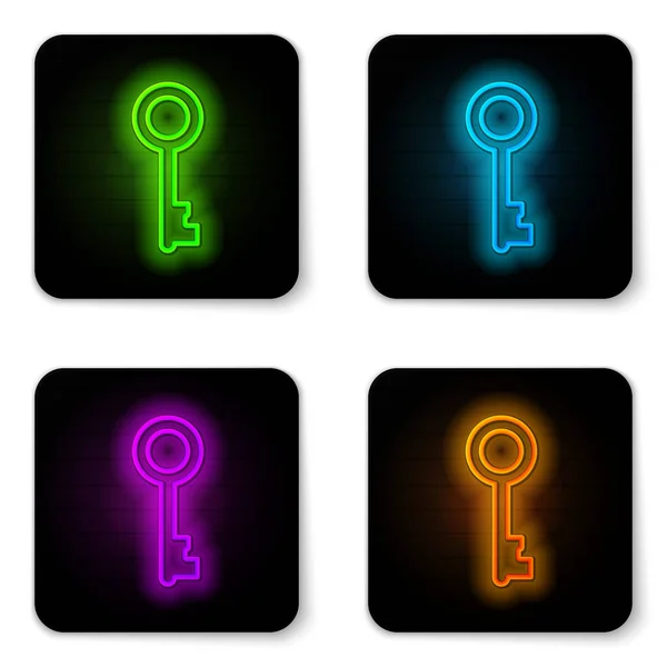 Glowing neon line Old key icon isolated on white background. Black square button. Vector — Stock Vector