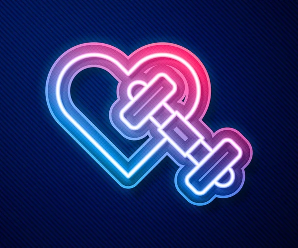 Glowing neon line Dumbbell with heart icon isolated on blue background. Muscle lifting, fitness barbell, sports equipment. Vector — Vettoriale Stock