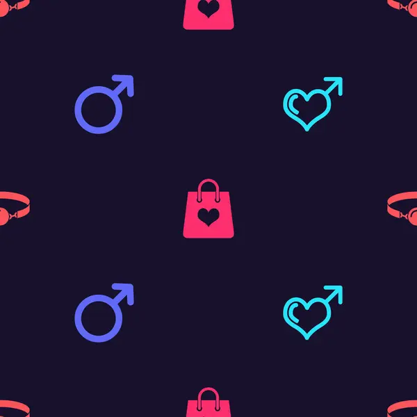 Set Male gender and heart, symbol, Shopping bag with and Silicone ball gag on seamless pattern. Vector — 图库矢量图片