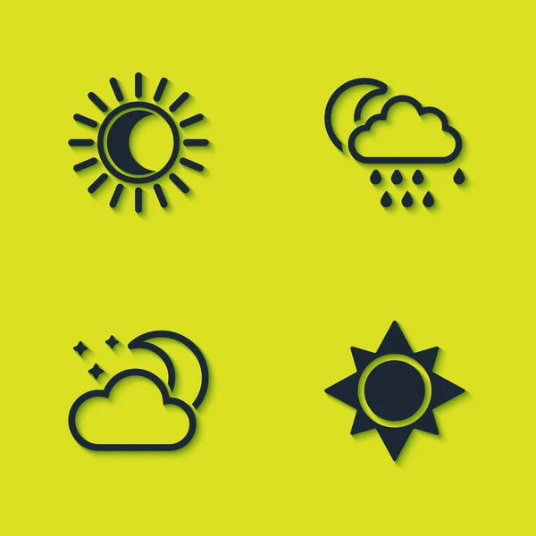 Set Eclipse of the sun, Sun, Cloud with moon and stars and rain icon. Vector — Stockvektor