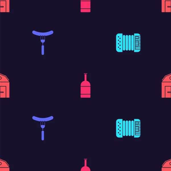 Set Accordion, Sausage the fork, Beer bottle and Farm House on seamless pattern. Vector —  Vetores de Stock