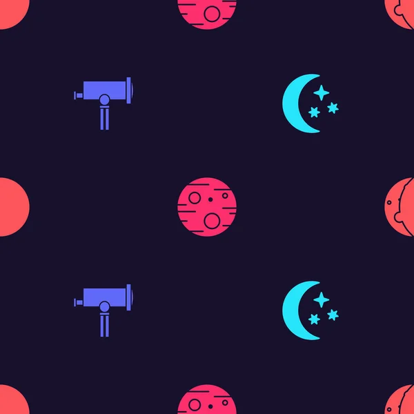 Set Moon and stars, Telescope, Planet Mars and Eclipse of the sun on seamless pattern. Vector — Διανυσματικό Αρχείο