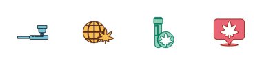Set Smoking pipe, Legalize marijuana globe, Chemical test tube with and Location and cannabis icon. Vector