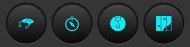 Set Fishing lure, Compass, hook and Folded map icon. Vector