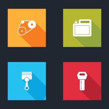 Set Timing belt kit, Canister for motor oil, Engine piston and Car key with remote icon. Vector