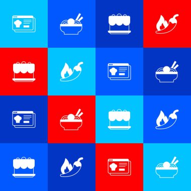 Set Online ordering and delivery, Asian noodles bowl, Cake and Hot chili pepper pod icon. Vector