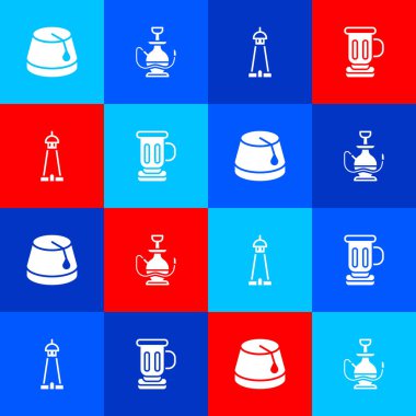 Set Turkish hat, Hookah, Mosque tower or minaret and Medieval goblet icon. Vector