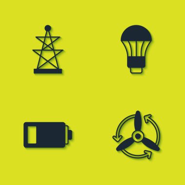 Set Electric tower, Wind turbine, Battery and LED light bulb icon. Vector