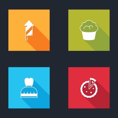 Set Firework rocket, Muffin, Woman dress and Homemade pie icon. Vector
