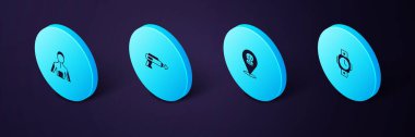 Set Isometric Diving watch, Scallop sea shell, Fishing harpoon and Wetsuit for scuba diving icon. Vector