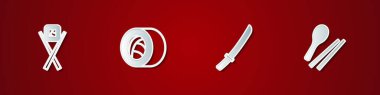 Set Sushi with chopsticks, , Katana and Food icon. Vector
