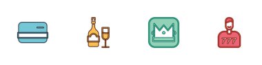 Set Credit card, Champagne bottle with glass, King playing and Lucky player icon. Vector