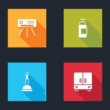 Set Air conditioner, Antibacterial soap, Rubber plunger and Wardrobe icon. Vector