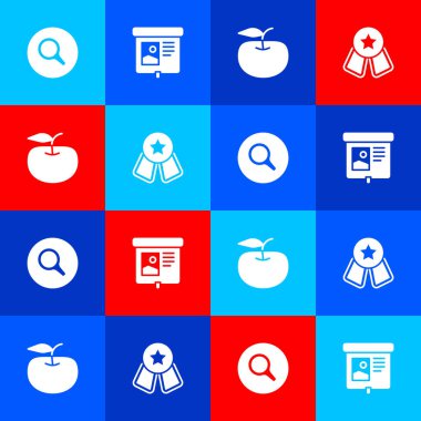 Set Magnifying glass, Projection screen, Apple and Medal with star icon. Vector