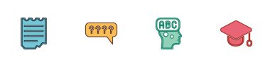 Set Notebook, Speech bubbles with Question, Learning foreign languages and Graduation cap icon. Vector