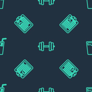 Set line Dumbbell, Clipboard with resume and Glass water on seamless pattern. Vector