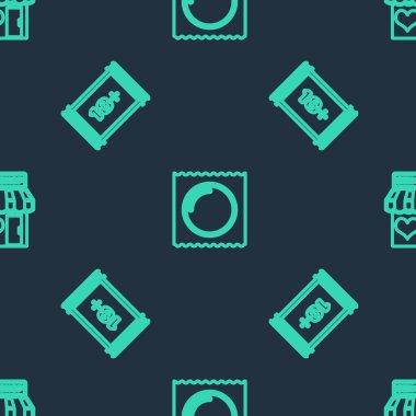Set line Condom in package, Play Video with 18 plus and Sex shop building on seamless pattern. Vector