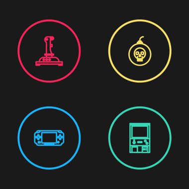 Set line Portable video game console, Retro arcade machine, Bomb ready to explode and Joystick for icon. Vector
