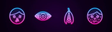 Set line Runny nose, Reddish eye allergic conjunctivitis, Kidney beans and Face with psoriasis or eczema. Glowing neon icon. Vector