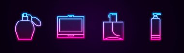 Set line Perfume, Makeup powder with mirror, and Cream cosmetic tube. Glowing neon icon. Vector