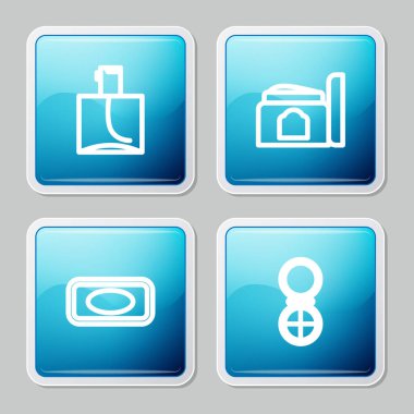 Set line Perfume, Cream cosmetic tube, Bar of soap and Makeup powder with mirror icon. Vector
