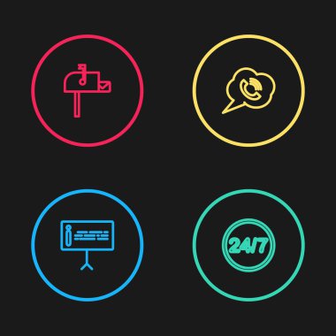 Set line Information, Clock 24 hours, Speech bubble with phone call and Open mail box icon. Vector
