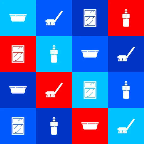 Set Plastic basin, Brush for cleaning, Cleaning service windows and Dishwashing liquid bottle icon. Vector — Vector de stock