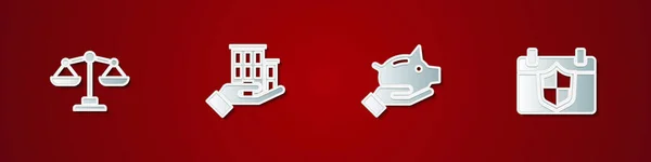 Set Scales of justice, House insurance, Piggy bank and Calendar with shield icon. Vector — Stok Vektör