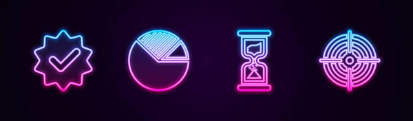 Set line Approved and check mark, Pie chart infographic, Old hourglass and Target sport. Glowing neon icon. Vector — ストックベクタ