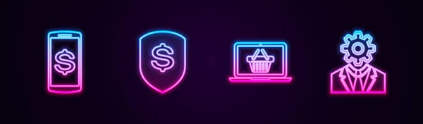Set line Smartphone with dollar, Shield and, Shopping basket laptop and Head gear inside. Glowing neon icon. Vector — Stockvektor