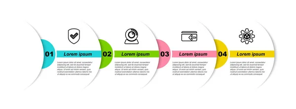 Set line Shield with check mark, Web camera, Cash back and Product development. Business infographic template. Vector — Wektor stockowy