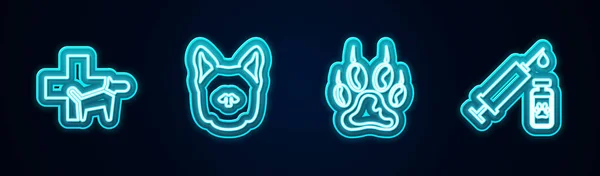 Set line Veterinary clinic, Dog, Paw print and Syringe with pet vaccine. Glowing neon icon. Vector —  Vetores de Stock