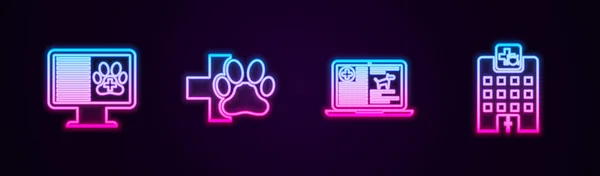 Set line Clinical record pet on monitor, Veterinary clinic, dog laptop and medicine hospital. Glowing neon icon. Vector — Vetor de Stock