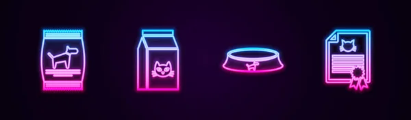 Set line Bag of food for dog, cat, Pet bowl and Certificate. Glowing neon icon. Vector — Stockvector