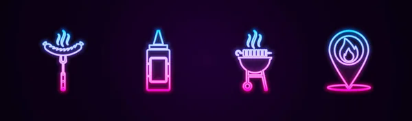 Set line Sausage on the fork, Mustard bottle, Barbecue grilled shish kebab and Location with fire flame. Glowing neon icon. Vector — Wektor stockowy
