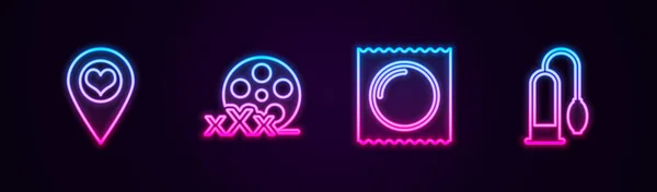 Set line Location with heart, Film reel Sex, Condom in package and Penis pump. Glowing neon icon. Vector — Archivo Imágenes Vectoriales